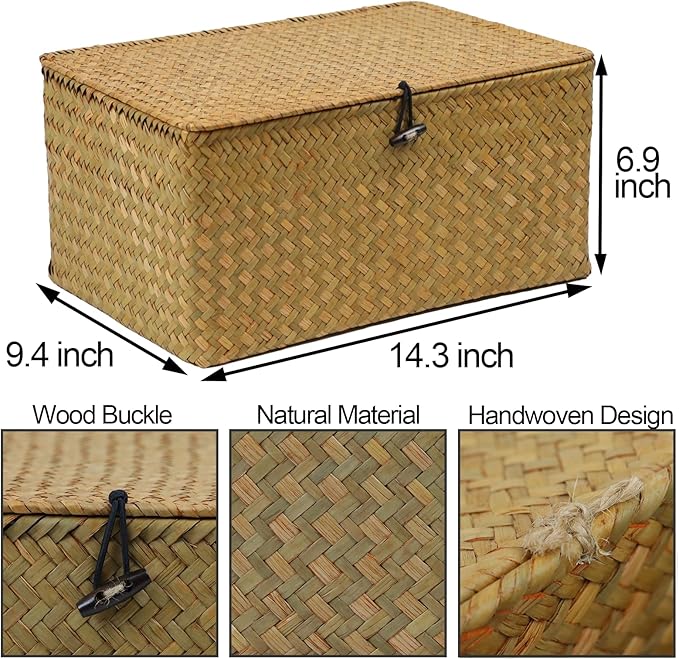 Wicker Basket with Lid, Natural Seagrass Storage Baskets for Organizing, Woven Basket for Storage, Decorative Boxes Bins with Lids Home Organizer Decor (Natural, 14.3" x 9.4" x 6.9")