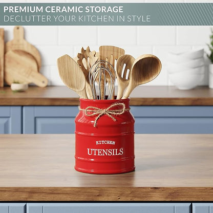 Barnyard Designs Ceramic Farmhouse Utensil Holder for Kitchen Counter, Large Rustic Utensil Crock, Countertop Cooking Tool Spatula Organizer, 6.75” (Red)