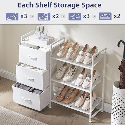 Somdot Shoe Rack, 3 Tier Shoe Organizer with 3 Drawers, Metal Shoe Storage Shelf for 6-9 Pairs of Shoes with Fabric Shelves and Wooden Top, Narrow Shoe Rack for Entryway, White Leather