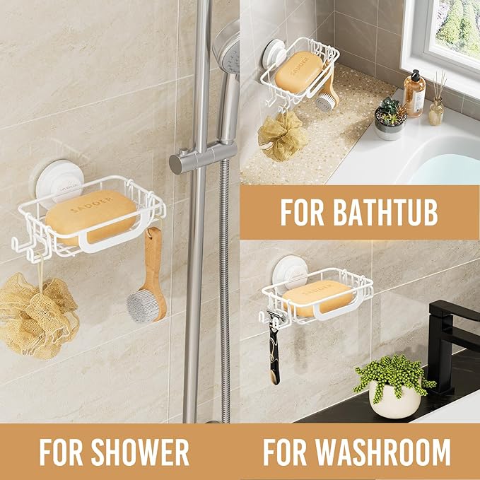 LEVERLOC Soap Holder Dish with Hooks for Shower, Bar Suction Cup Soap Tray Wall Mounted, Rustproof Stainless Steel Sponge Holder Caddy for Bathroom Bathtub Kitchen Sink, White