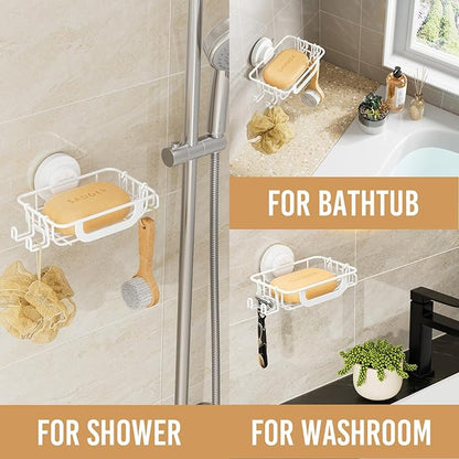 LEVERLOC Soap Holder Dish with Hooks for Shower, Bar Suction Cup Soap Tray Wall Mounted, Rustproof Stainless Steel Sponge Holder Caddy for Bathroom Bathtub Kitchen Sink, White