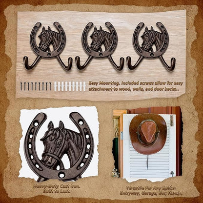 3 Pack Cast Iron Coat Hooks, Rustic Double Wall Hooks, Horse Head Horseshoe Hook, Wall Mounted Farmhouse Coat Hangers, Barn Storage Decor Gift with Screws for Towels, Hats, Keys, Bags, Caps