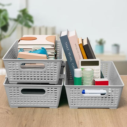 Tiawudi Stackable Woven Plastic Basket, Storage Bins for Cabinet, Closet, Shelf, Under Sink and Countertop, Pantry Organizer Bins, 6 Pack