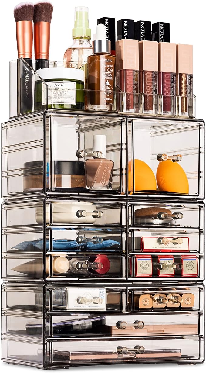 Sorbus Large Makeup Organizer - Clear Stackable Jewelry & Makeup Organizer For Vanity, Bathroom Storage, Dresser - 12 Drawers Cosmetic Beauty Organizers and Storage with Lipstick, Makeup Brush Holder