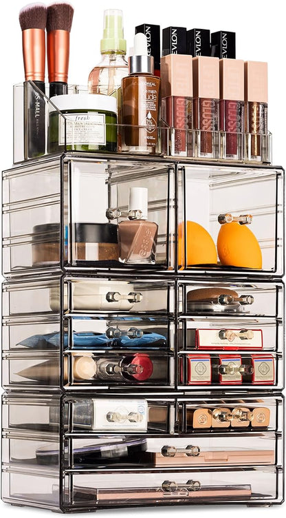 Sorbus Large Makeup Organizer - Clear Stackable Jewelry & Makeup Organizer For Vanity, Bathroom Storage, Dresser - 12 Drawers Cosmetic Beauty Organizers and Storage with Lipstick, Makeup Brush Holder