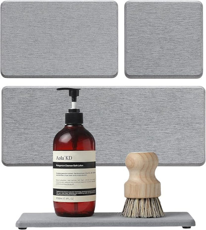 Razborci 3PCS Bathroom Sink Vanity Trays, Quick Stone Drying Mat Dish Soap Dispenser Sponge Holder for Kitchen Counter, Diatomaceous Earth Water Absorbing Caddy Organizer, Light Grey