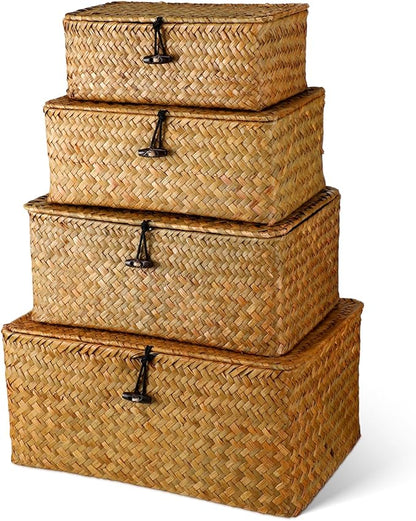 Woanger Set of 4 Wicker Baskets with Lids, Nautral Seagrass Storage Baskets, Woven Rectangular Basket Bins, Rattan Storage Organizer for Shelf Closet Bedroom(Orange)