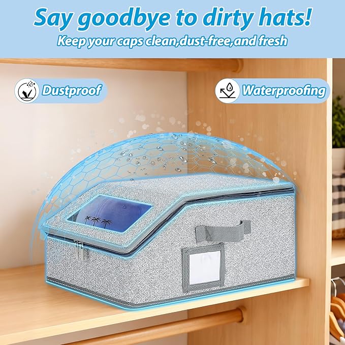 Hat Storage for Baseball Caps,2 PCS Stackable Hat Storage Boxes holds up to 24 Caps Hat Organizer for Closet, Sturdy Snapback Hat Boxes for Women&Men with Clear Window for Closet, Grey