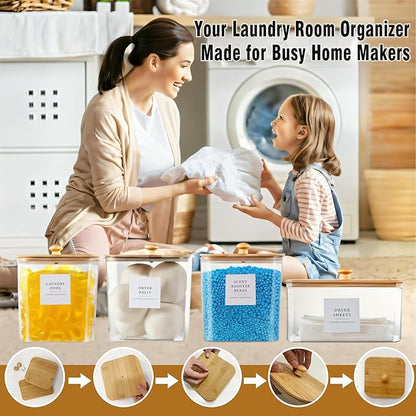 Laundry Room Organization Container, 4pcs Acrylic Laundry Pod Storage Containers, Dryer Sheet Holder Jars with Bamboo Lids and Labels for Scent Booster Powder Detergent Pods Storage