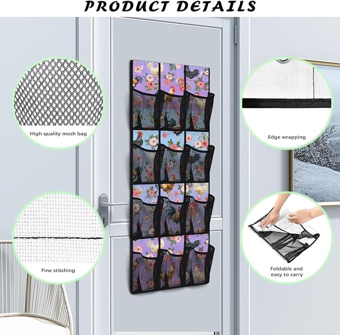 Rooster Rose Over The Door Shoe Organizer,Hanging Shoe Organizer with 12 Mesh Large Pockets,Door Shoe Rack Organizer for Men Women Kids,Hanging Shoe Storage Bag,Closet Rack for Home