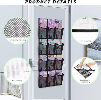 Rooster Rose Over The Door Shoe Organizer,Hanging Shoe Organizer with 12 Mesh Large Pockets,Door Shoe Rack Organizer for Men Women Kids,Hanging Shoe Storage Bag,Closet Rack for Home