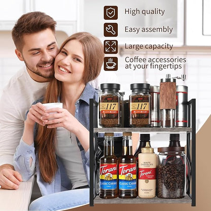 YINMIT Countertop Shelf Organizer,Coffee Bar Accessories,Spice Rack,Coffee Counter Shelf,2 Tier Coffee Organizer Station for Mugs,Cups,Cream,Syrup(Rustic Grey, Medium)