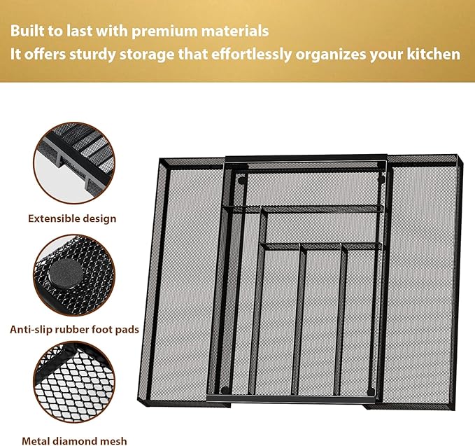 Sedegn Silverware Organizer Metal Mesh, Large Drawer Organizer, Utensil Cutlery Tray for kitchen drawers, Expandable Flatware Organizer with 8 Compartment Black 11.6"~20" x 17.3"