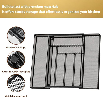 Sedegn Silverware Organizer Metal Mesh, Large Drawer Organizer, Utensil Cutlery Tray for kitchen drawers, Expandable Flatware Organizer with 8 Compartment Black 11.6"~20" x 17.3"