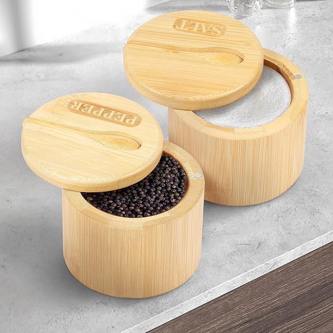 2 Layers Acacia Wood Salt and Pepper Bowl Salt and Pepper Storage Box Salt Container Salt Keeper with Built in Spoon and Magnetic Swivel Lid Dustproof Salt Holder for Kitchen Serving (Wood D)