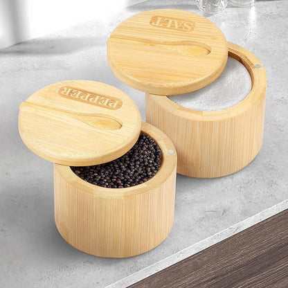 2 Layers Acacia Wood Salt and Pepper Bowl Salt and Pepper Storage Box Salt Container Salt Keeper with Built in Spoon and Magnetic Swivel Lid Dustproof Salt Holder for Kitchen Serving (Wood D)