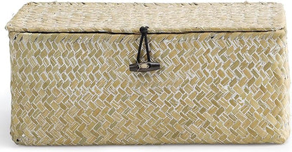 Nonam Small Basket with Lid, Natural Seagrass Bin with Lid, Shelf Baskets Multipurpose Container for Boho Decoration, Rectangular Household Storage Boxes for Home Organization-White
