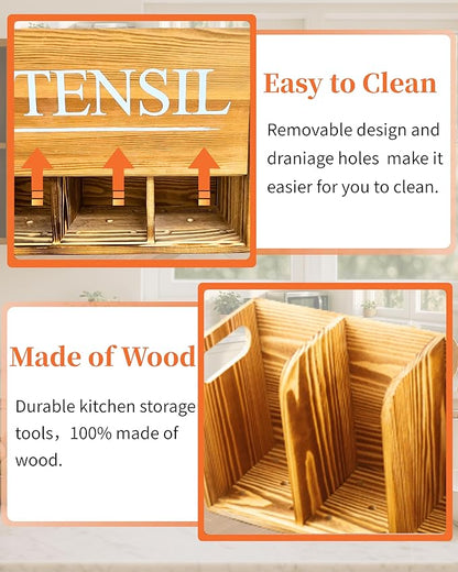 Kitchen Utensil Holder Rustic Large Wooden Utensil Organizer Cooking Tools Storage (Farmhouse Wooden)