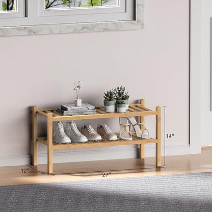 ROMGUAR CRAFT (Thick Bamboo Shoe Rack for Entryway, 2-Tier Free Standing Shoe Racks Stackable Shoe Rack Organizer for Hallway Closet Living Room 27 x12 x14 Inches