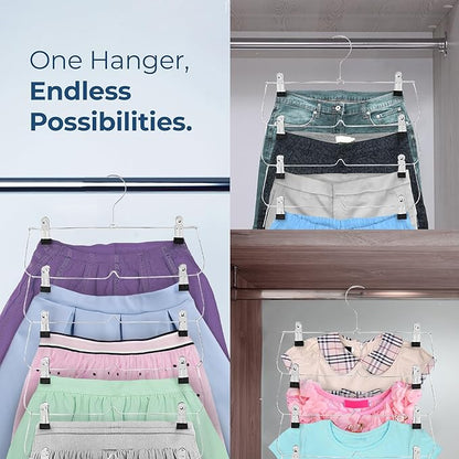 2 Pack - 6 Tier Skirt Hangers, Closet Space Saver with Clips for Pants, Shorts, Skirts, Leggings