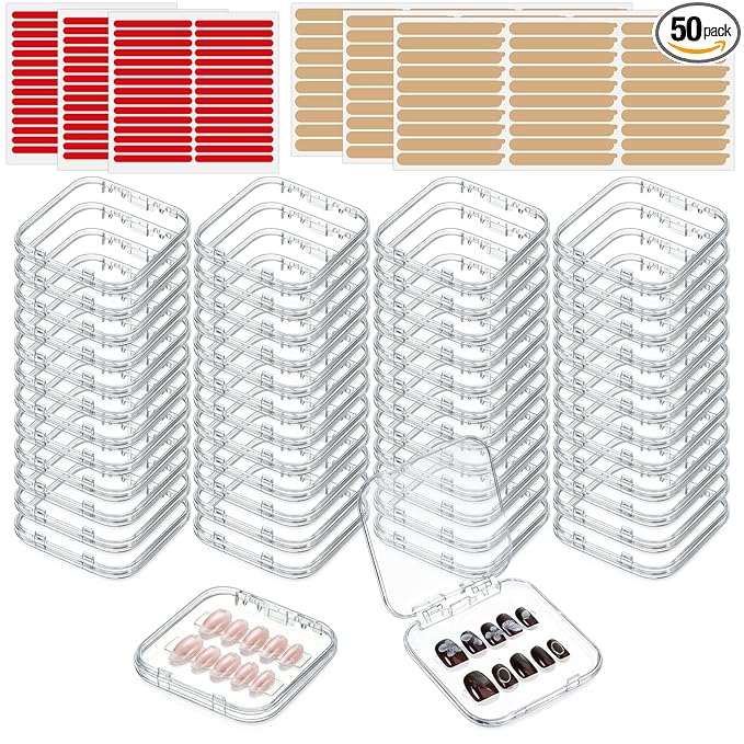 50 Sets Press On Nail Storage Box with 180 Pcs Adhesive Double Sided Tape, Clear Artificial Nail Display Case Acrylic Nail Boxes Press On Nail Packaging Box for Display Art Nail Salon Supplie