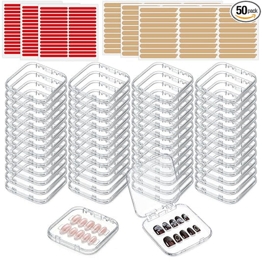 50 Sets Press On Nail Storage Box with 180 Pcs Adhesive Double Sided Tape, Clear Artificial Nail Display Case Acrylic Nail Boxes Press On Nail Packaging Box for Display Art Nail Salon Supplie