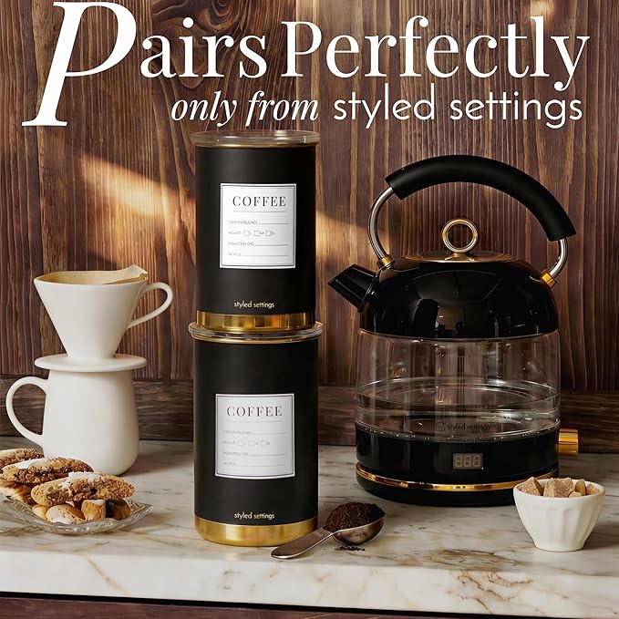 STYLED SETTINGS Coffee Bar Canisters Set of 2 – Vacuum Coffee Canisters with Airtight Lids & Scoop, Black & Gold Stainless Steel Food Storage Containers for Beans or Grounds – Coffee Lover Gifts