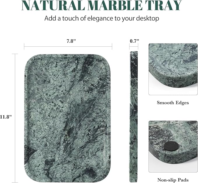 Koville Marble Tray, 12"x8" Marble Vanity Tray for Countertop Bathroom Kitchen Dresser, Decorative Catchall Trays for Perfume Jewelry, Rectangular Stone Serving Tray(Green)