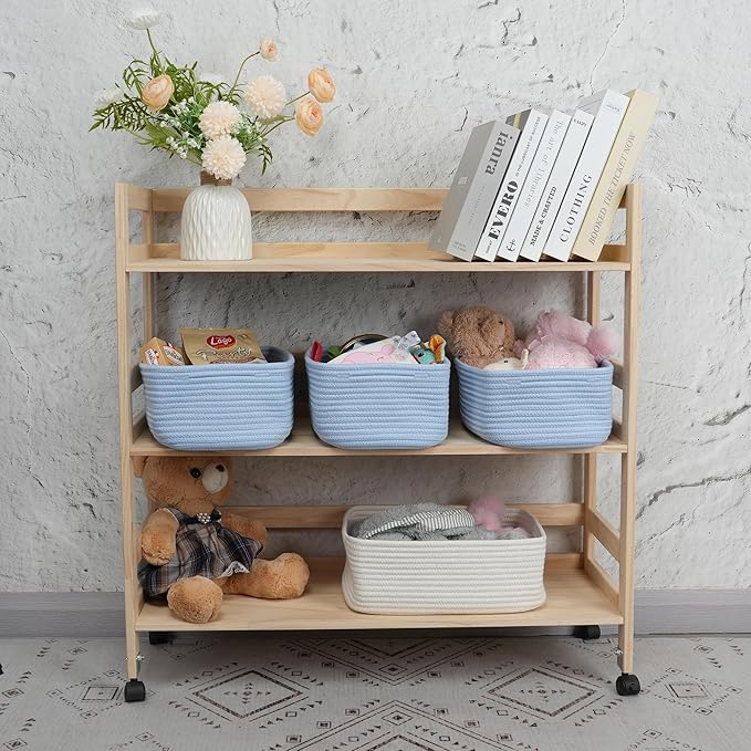 XUANGUO Small Woven Storage Baskets 12“X8”X5“ Decorative Rope Bins for Organizing Shelves, Closets, and Toys, Empty Gift Baskets, Cute Organizer Basket for Home and Office (blue, regular)