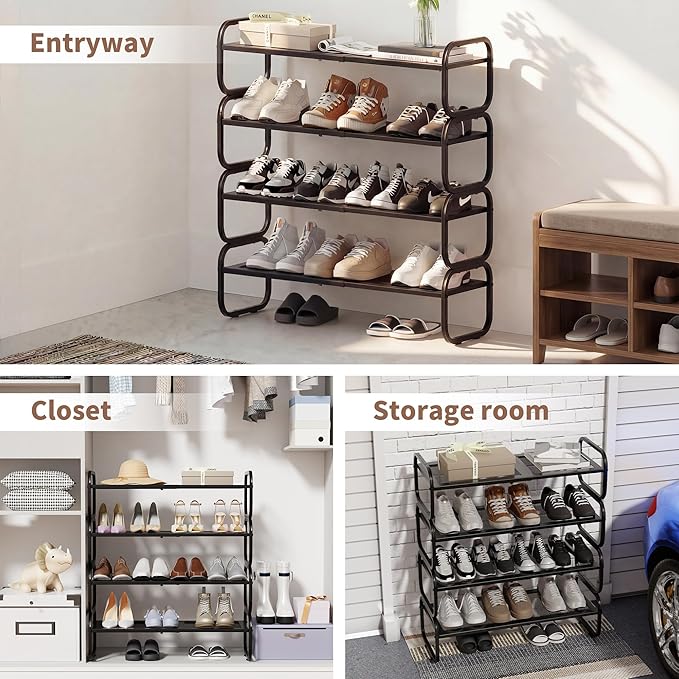 4Tier Shoe Rack - Expandable Shoe Organizer for Closet, Adjustable Metal Shoe Shelf Storage, Stackable Long Shoe Stand Holder for Garage, Entryway, Door Entrance