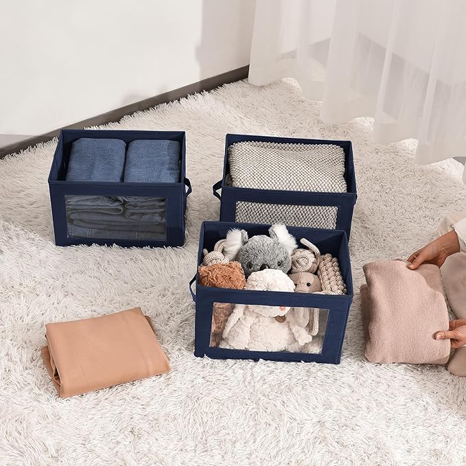 Homsorout Stackable Storage Bins with Lids - Medium Storage Box with Lids, Foldable Closet Boxes for Organizing, Wardrobe Clothes Organizer with Window, Cubes Bins for Living Room, 5 Pack, Navy Blue
