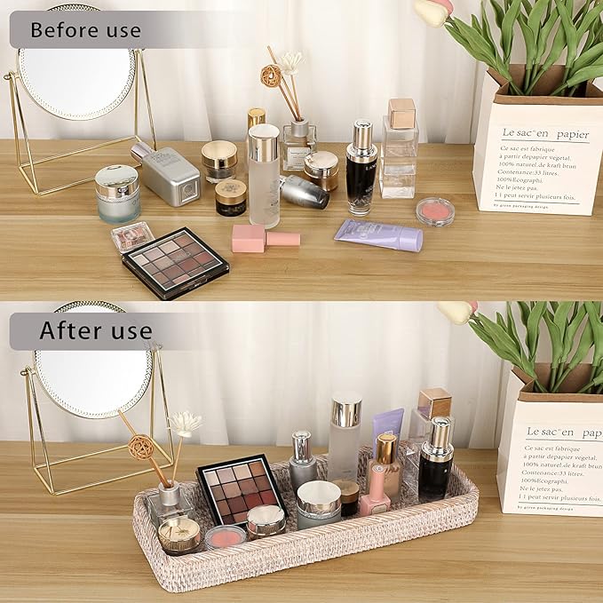 Sumnacon 16 Inch Rattan Bathroom Vanity Tray - Decorative Wicker Toilet Tank Tray for Paper Hand Towel,Vintage Storage Basket Bin for Bathroom Kitchen Toilet Tank Vanity Countertop Table Shelf,White