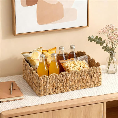 Scalloped Basket, Wicker Storage Baskets, Hand Woven Baskets for Shelves,Natural Baskets for Organizing (Water Hyacinth&M-14" L x 10.5" W x 6" H)