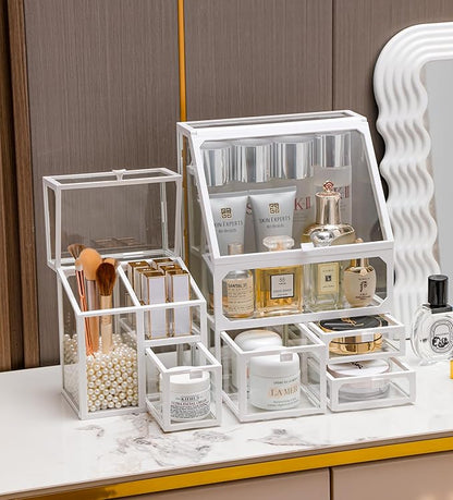MOOCHI White 3 Pieces Makeup Organizers, glass, Skin Care Organizer, Drawers,Brush Organizer,Countertop Cosmetics Storage Display Case