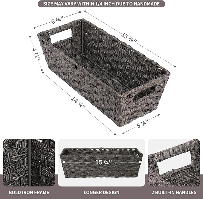 Onlytak Plastic Wicker Storage Baskets - Toilet Tank & Bathroom Baskets, Woven for Organizing & Decor, Dark Grey, 15¾" x 6¾" x 4¾", 2-Pack