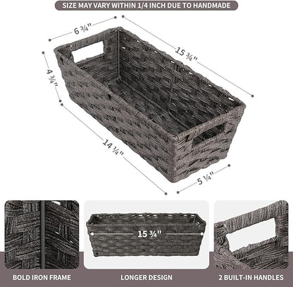 Onlytak Plastic Wicker Storage Baskets - Toilet Tank & Bathroom Baskets, Woven for Organizing & Decor, Dark Grey, 15¾" x 6¾" x 4¾", 2-Pack