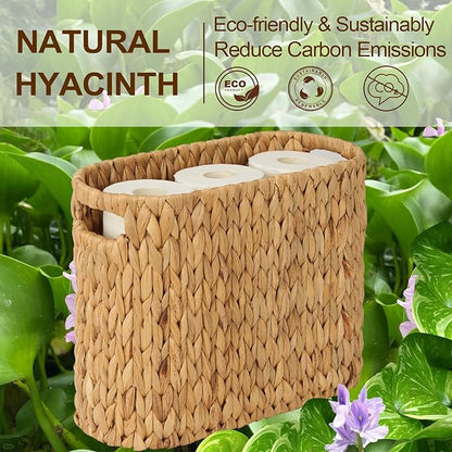 FairyHaus Wicker Toilet Paper Storage Basket with Buit-in Handles, 9 Rolls Natural Water Hyacinth Toilet Paper Holder Stand with Storage, Freestanding Handwoven Toilet Paper Holder Basket for Bathroom