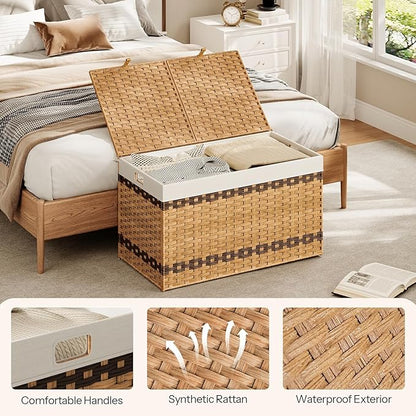 HOOBRO Storage Basket with Lid, 42.3 Gallon (160L) Wicker Storage Basket with 2 Separate Lid, Blanket Storage Bin with 2 Removable Liner Bags, for Bedroom, Laundry, Natural and Brown NL276CW01