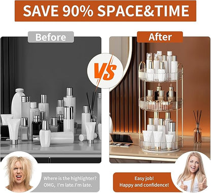 YCIA&DONE 360 Rotating Makeup Organizer and Storage for Vanity Countertop 3 Tiers, High Capacity Cosmetic Skincare Perfume Organizers for Dresser Bathroom Lazy Susan (Clear White)