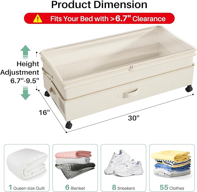 Kitstorack 4 Pack Height-adjustable Under Bed Storage with Wheels, Under Bed Storage Containers,Under Bed Shoe Storage Organizer with Clear Window&Label, Suitable for Clothes Storage, Beige
