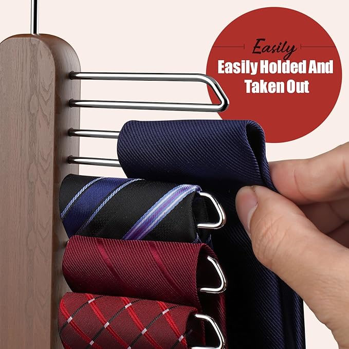 Tie Hanger 2 Pack, Rust Resistant Wooden Necktie Organizer with 360 Degree Rotation for Tie, Belt, Scarf Storage