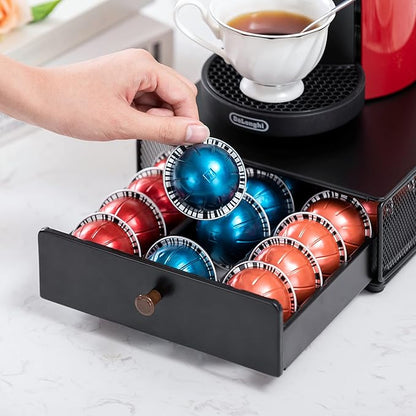 Coffee Pod Drawer Organizer for Nespresso Vertuo, 30 Pods Coffee Pod Holder, Coffee Pods Organizer with Mesh Shelves Black Metal