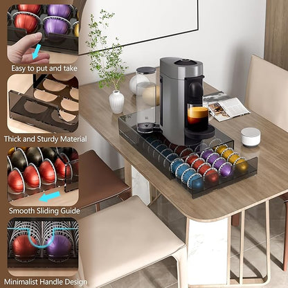 Acrylic Coffee Pod Organizer for Nespresso Vertuo Pod Holder 40 Pods Clear Vertuo Pod Storage Drawer (1 Tier) (Transparent Black)