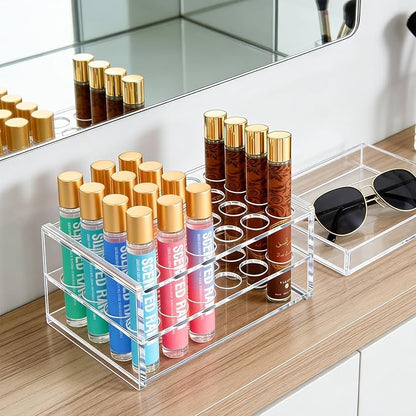 Acrylic Rollerball Perfume Organizer, 24 Holes mini fragrances Holder, Travel Perfume Vial and Tall Scented Oil Storage Display Rack