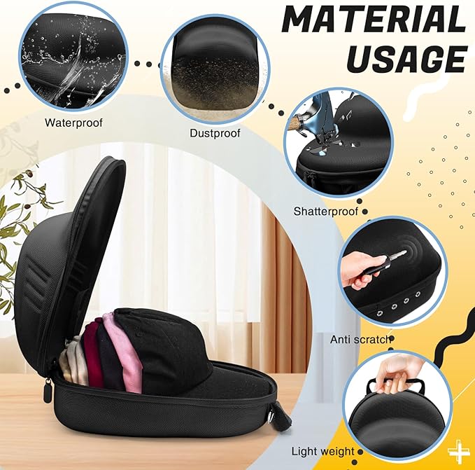 Hat Travel Case,Hat Case for Baseball Caps with Carrying Handle and Adjustable Shoulder Strap,Organizer Protects up to 6 Hats, Box for Travel and Home Storage(Black)