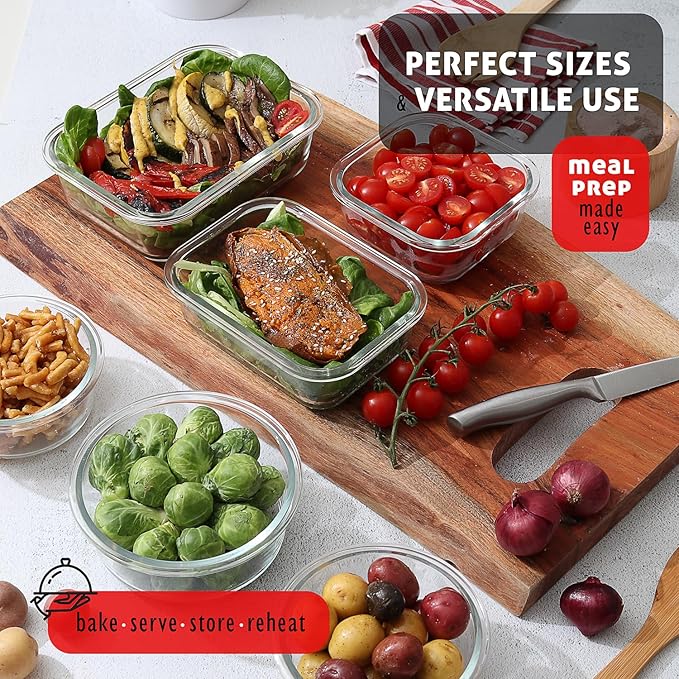 EATEX 48pc Glass Storage Containers with Lids, 24 Glass Food Storage Containers with 24 Airtight Lids for Pantry & Kitchen, Meal Prep Containers for Lunch, Oven Freezer Microwave & Dishwasher Safe