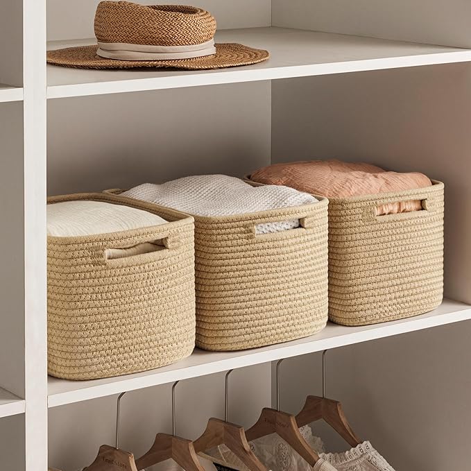 UBBCARE 4 Pack Storage Baskets for Shelves, Baskets for Organizing, Cube Shelf Storage Bin with Handles, Woven Storage Basket, 13"L x 9"W x 7.5"H, Brown