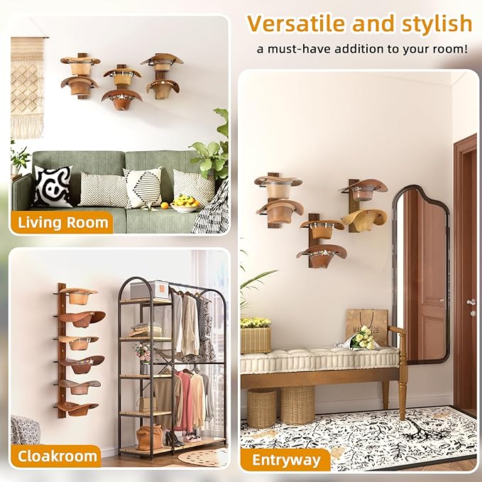 REFGY Cowboy Hat Rack for Wall, 6-Tier Solid Wood-Texture Western Hat Holder, Large Brim Hat Organizer for Wall Mount, Rustic Hat Hanger for Home Decor & Storage, Brown