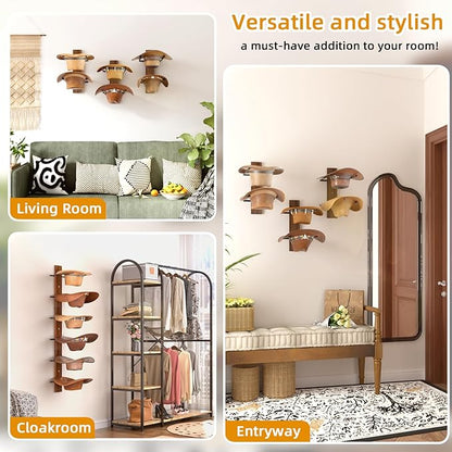 REFGY Cowboy Hat Rack for Wall, 6-Tier Solid Wood-Texture Western Hat Holder, Large Brim Hat Organizer for Wall Mount, Rustic Hat Hanger for Home Decor & Storage, Brown