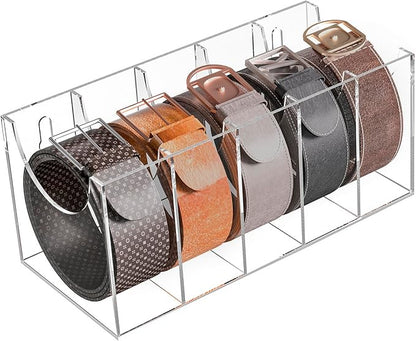 Sezanrpt 5 Compartments Acrylic Belt Organizer, Clear Belt Display Case for Tie Organizer Wall Mounted